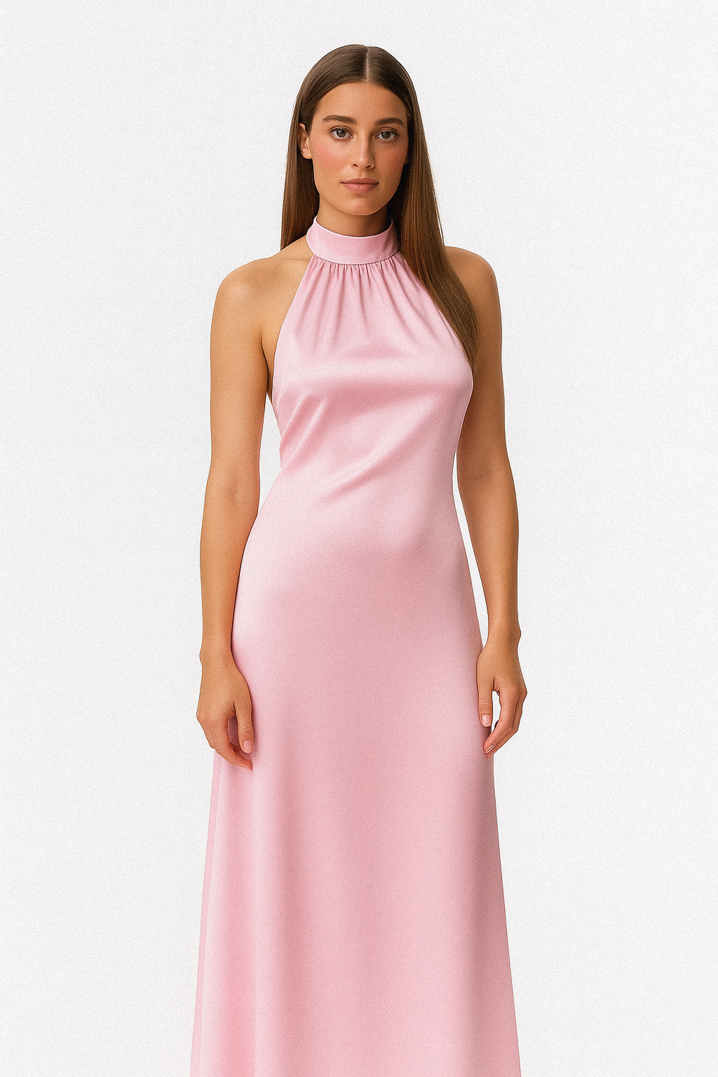 Сатенена дълга рокля с връзки “Rose Gold”
