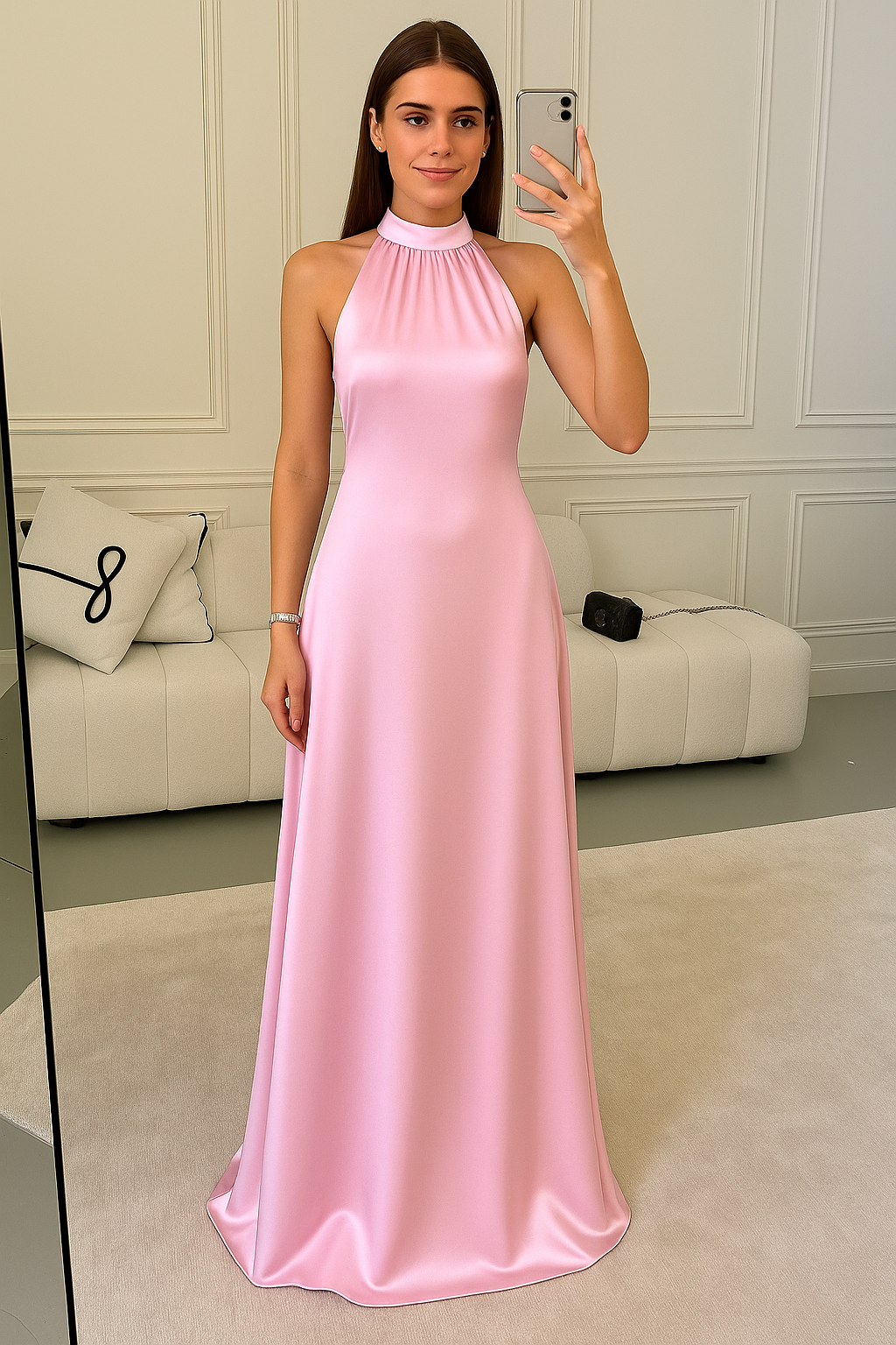 Сатенена дълга рокля с връзки “Rose Gold”
